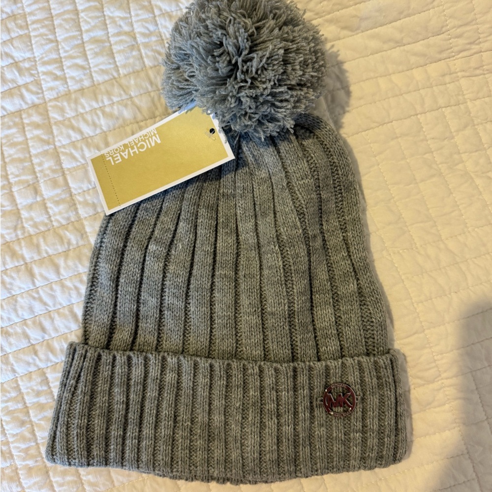 Michael Kors Gray Pom-Pom Knit Beanie